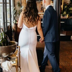 Button Detail Back Elegant White Satin Slipback Wedding/Special Occasion Gown.